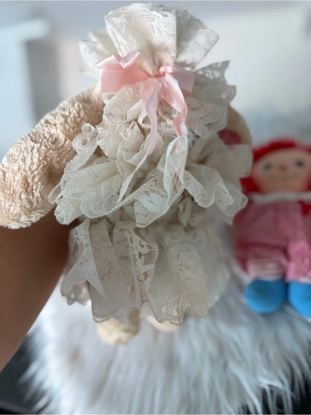 Vintage Plush Bunny in Ivory Lace Dress & Pink Rag Doll Pair - Soft Kids Toys